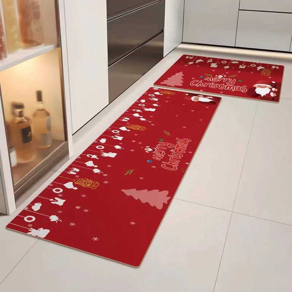 2Pcs Red Merry Christmas Kitchen Mat Set Holiday Floor Decor